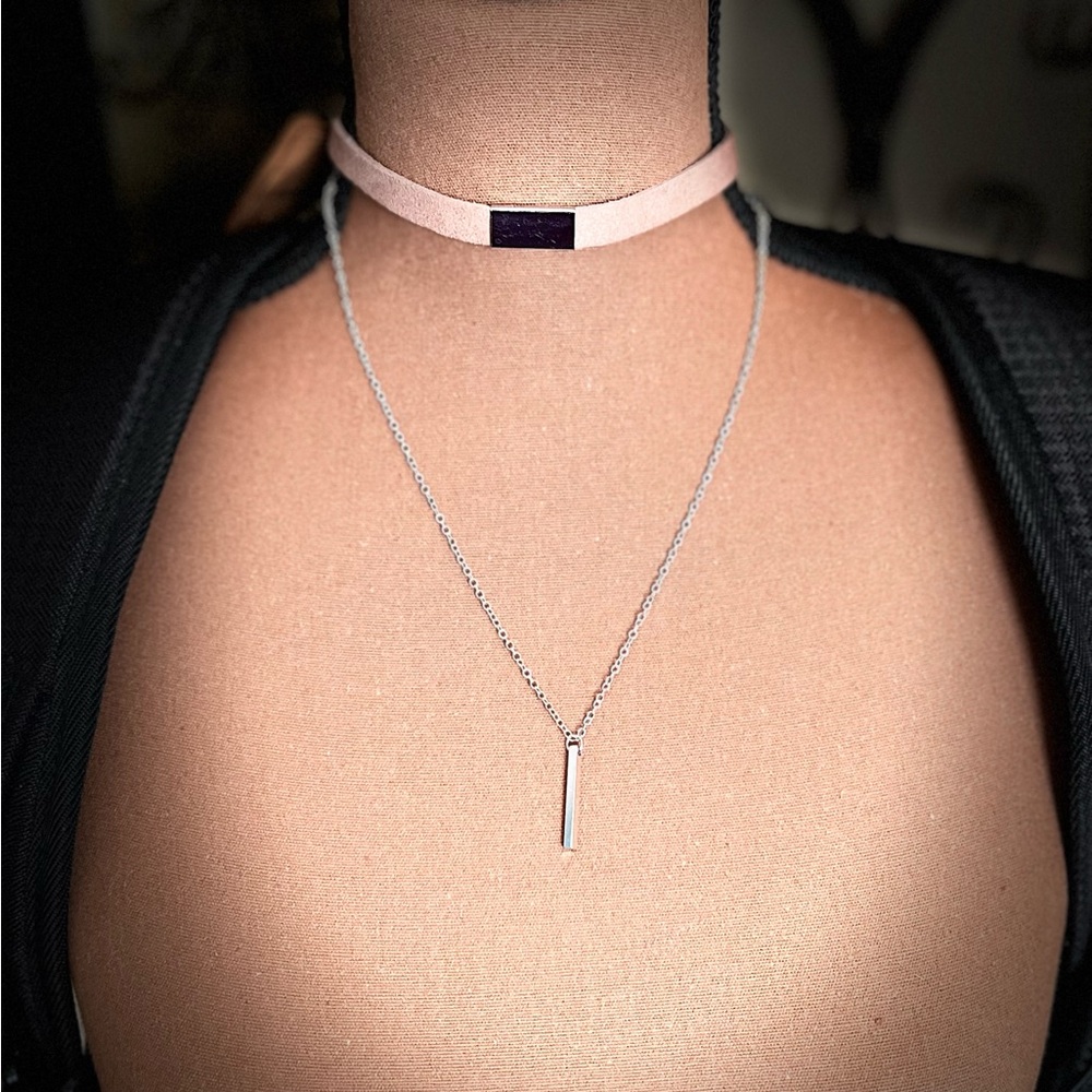 Brown Leather Suede 2-Layer Collar -Flat Silver Slider -Bar Pendant